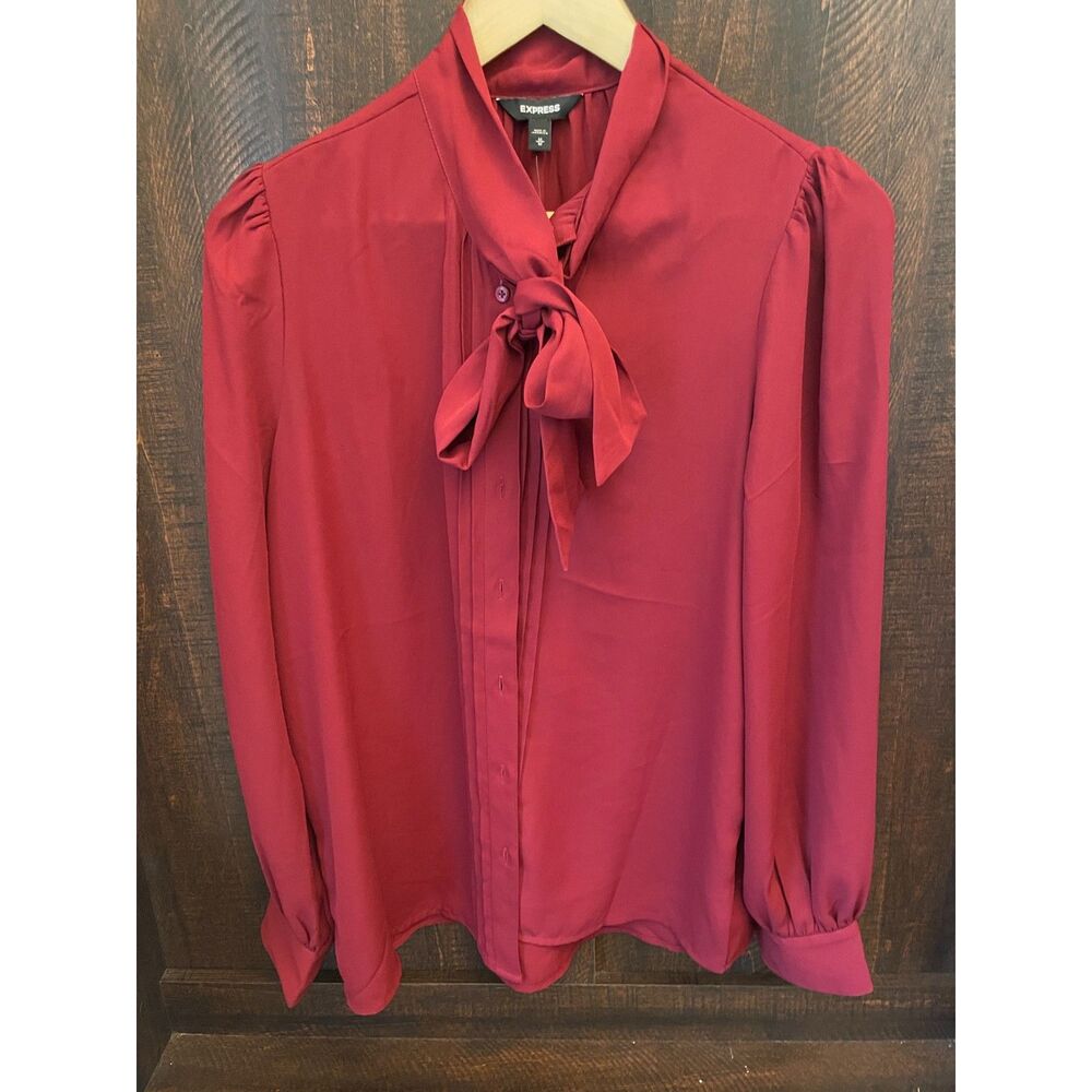Portofino Bow Tie Neck Blouse Women's M Burgundy Satin Long Sleeve Office Top - Picture 2 of 5
